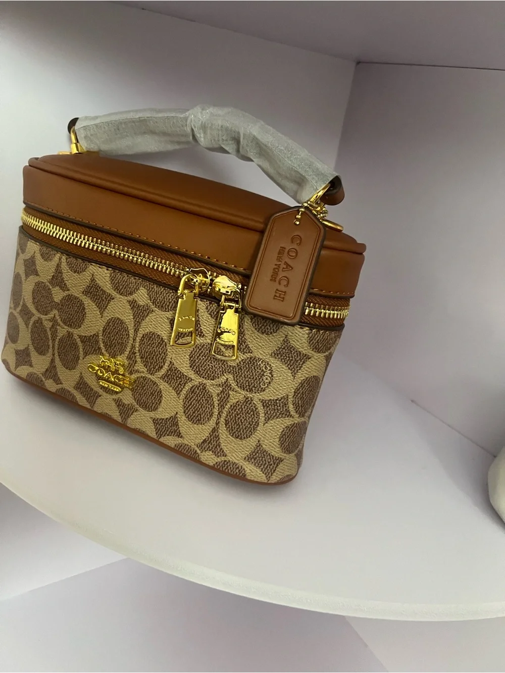 Coach Brown Signature Canvas Top-Handle Vanity Bag with Gold Hardware